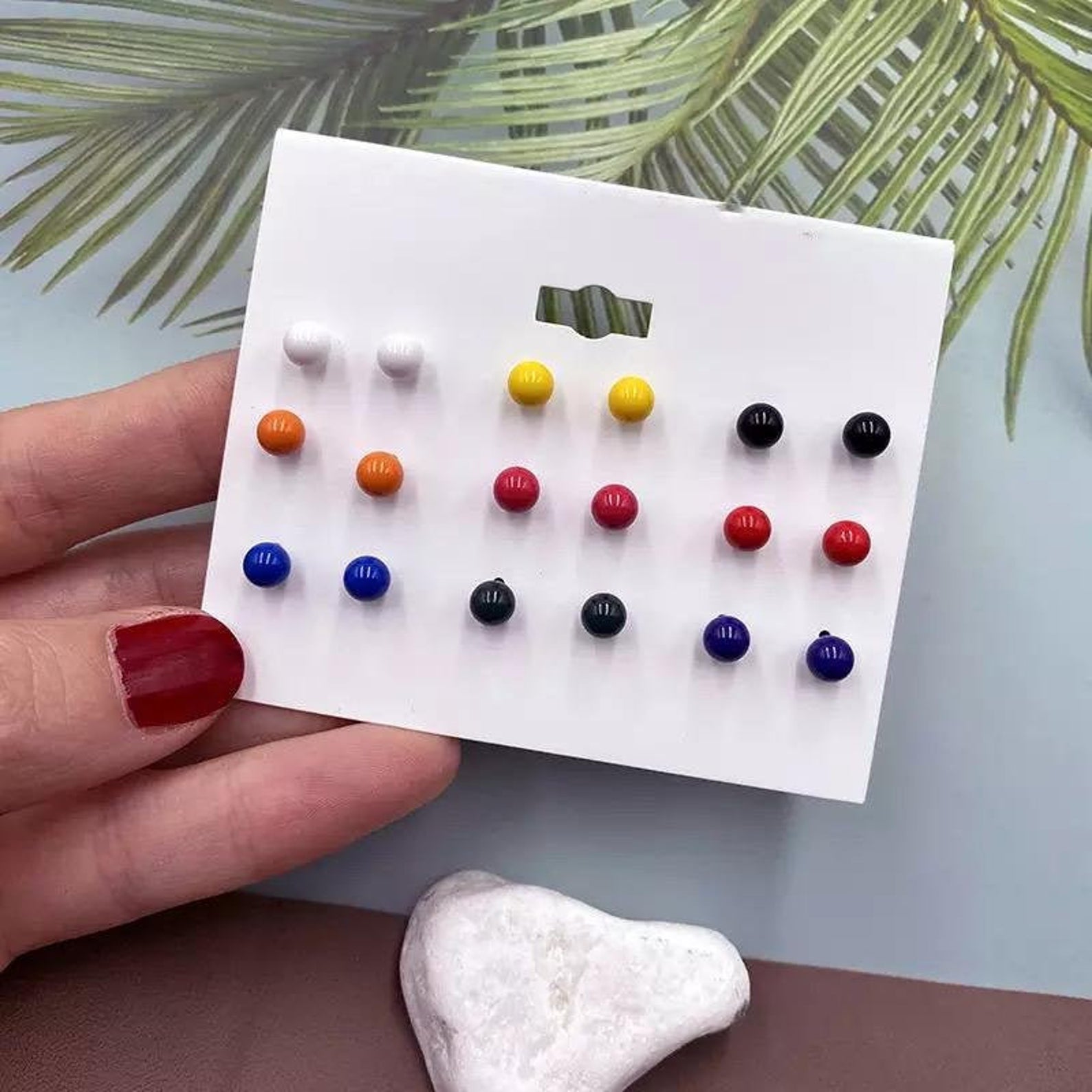 Black Multicolour Round Ball Minimalist Stud Earrings, Image 2 of 2