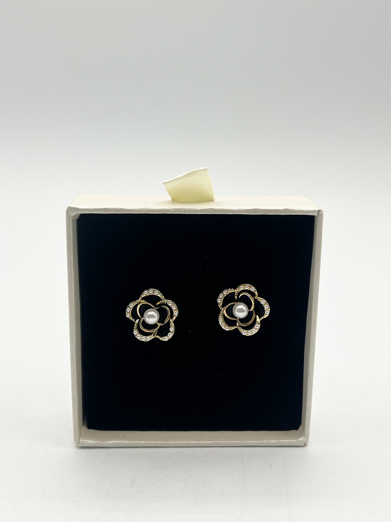 Gold Black Floral Pearl Stud Earrings in Gold - Gift Boxed, Image 4 of 5