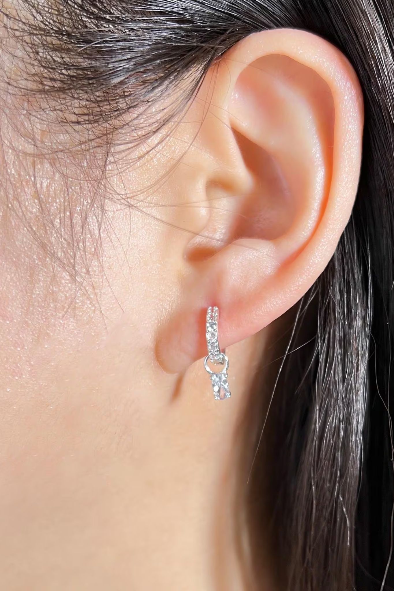 Silver Sterling Silver CZ Huggie Hoop Drop Earrings, Image 2 of 3