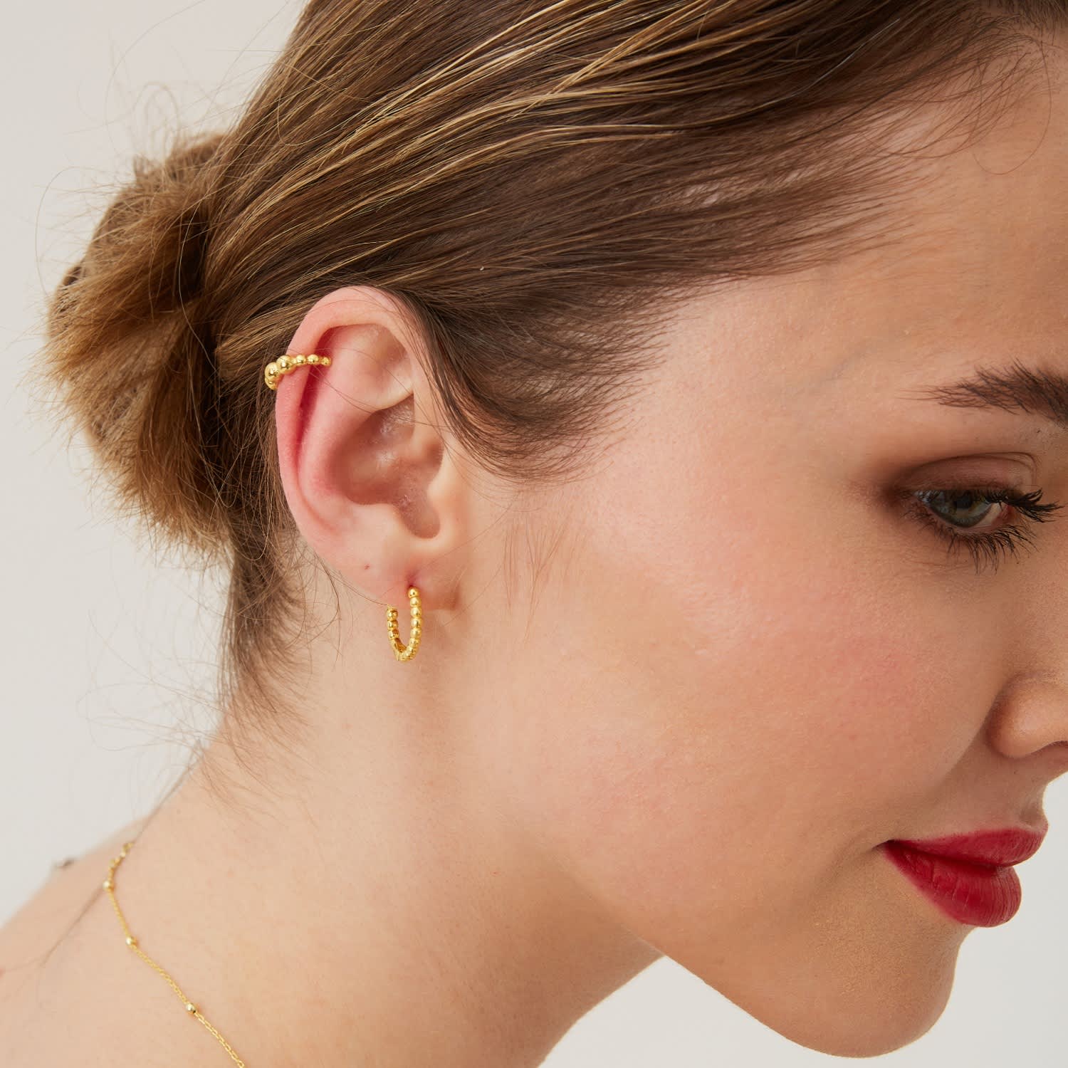 Gold Bead Hoop Sterling Silver Earring, Image 2 of 3