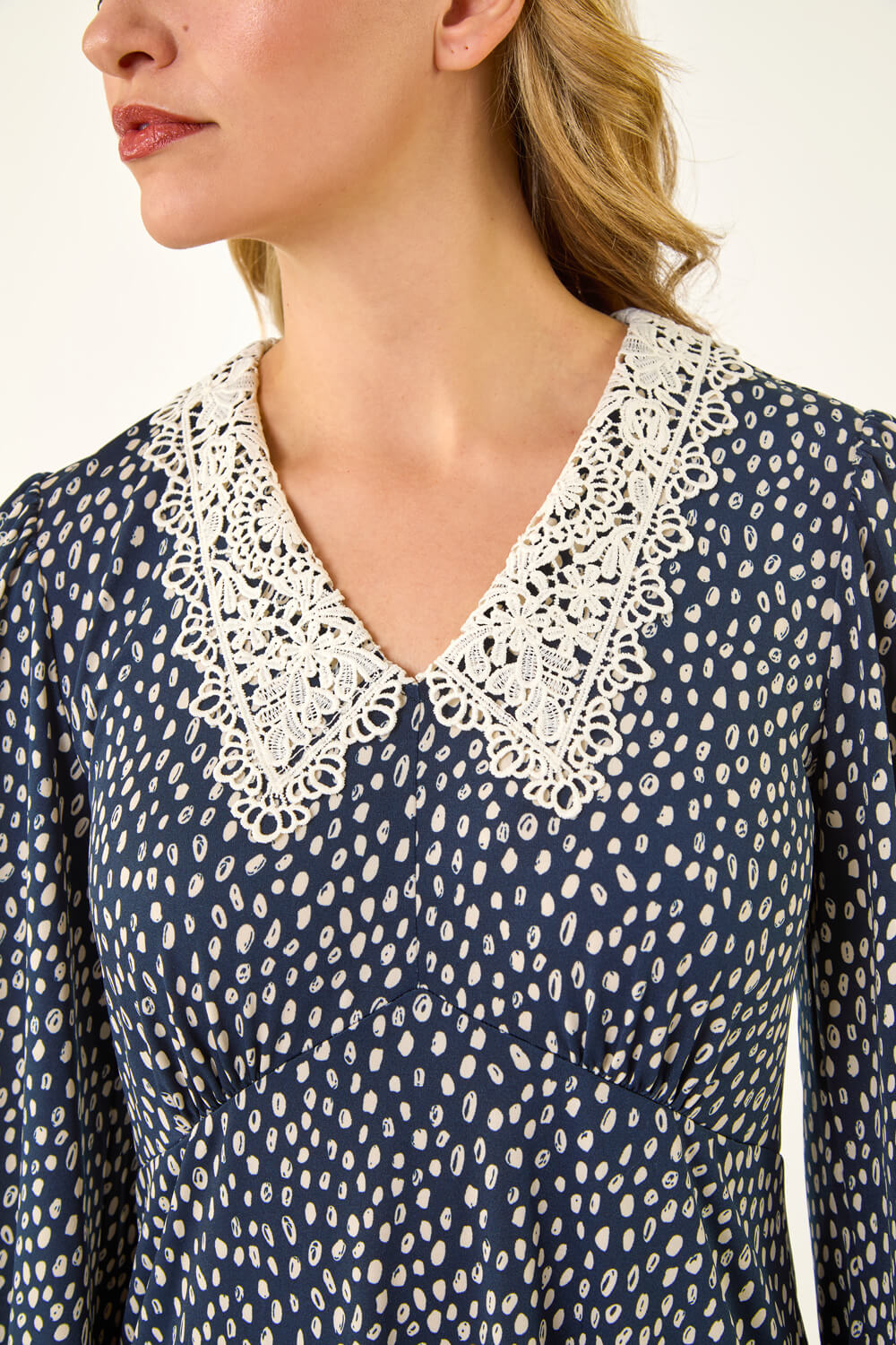 Navy  Dusk Lace Collar Spot Print Dress, Image 6 of 5