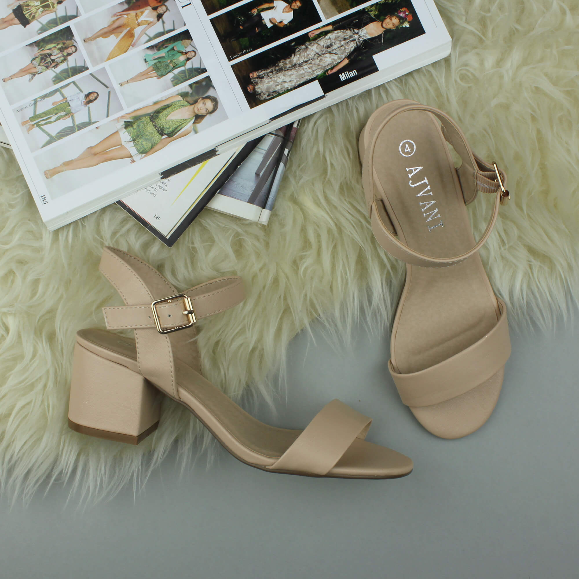 Natural AJVANI Natural Mid Block Heel Strappy Sandals, Image 4 of 6