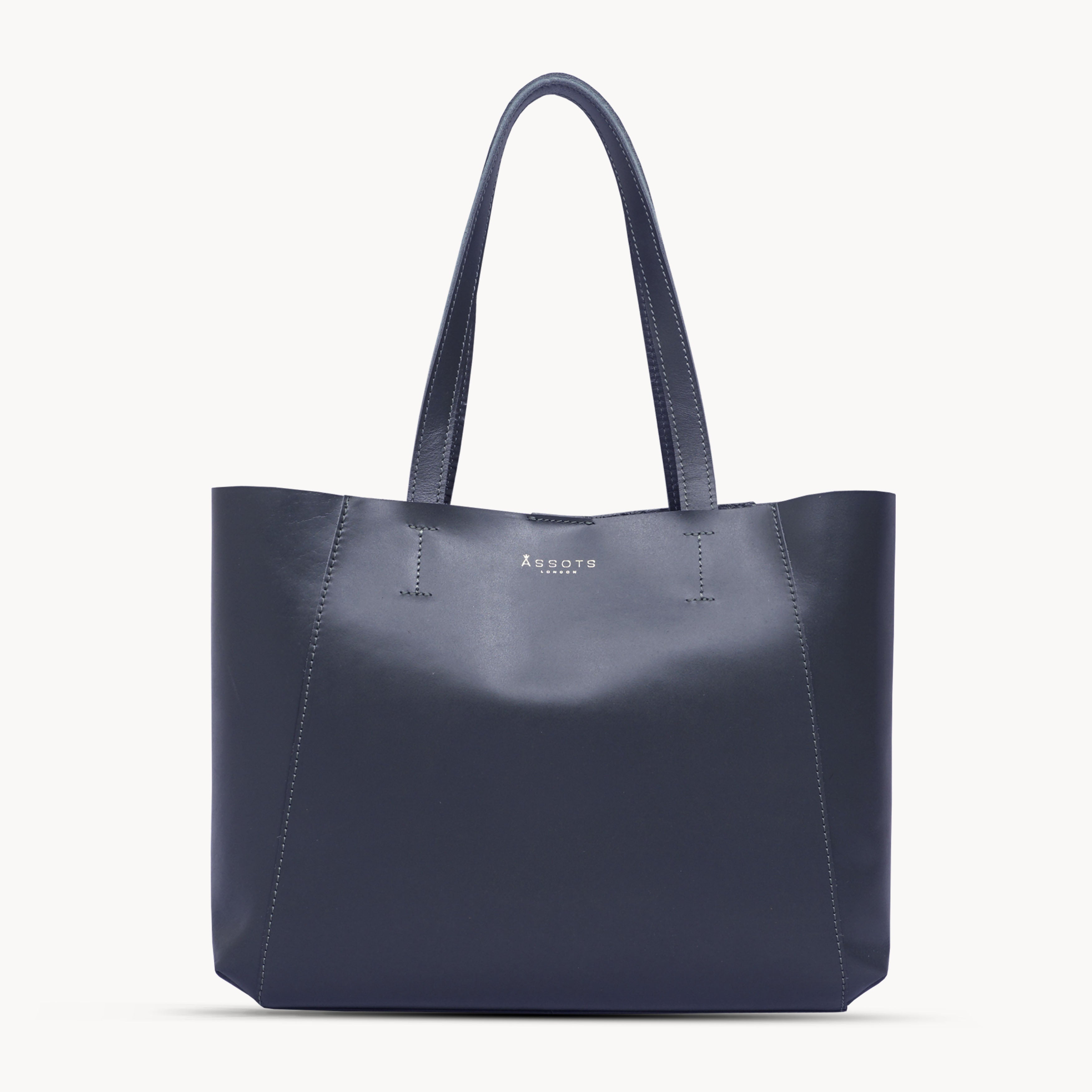 Navy 'ADELA' Smooth Real Leather Unlined Designer Tote Bag, Image 1 of 2