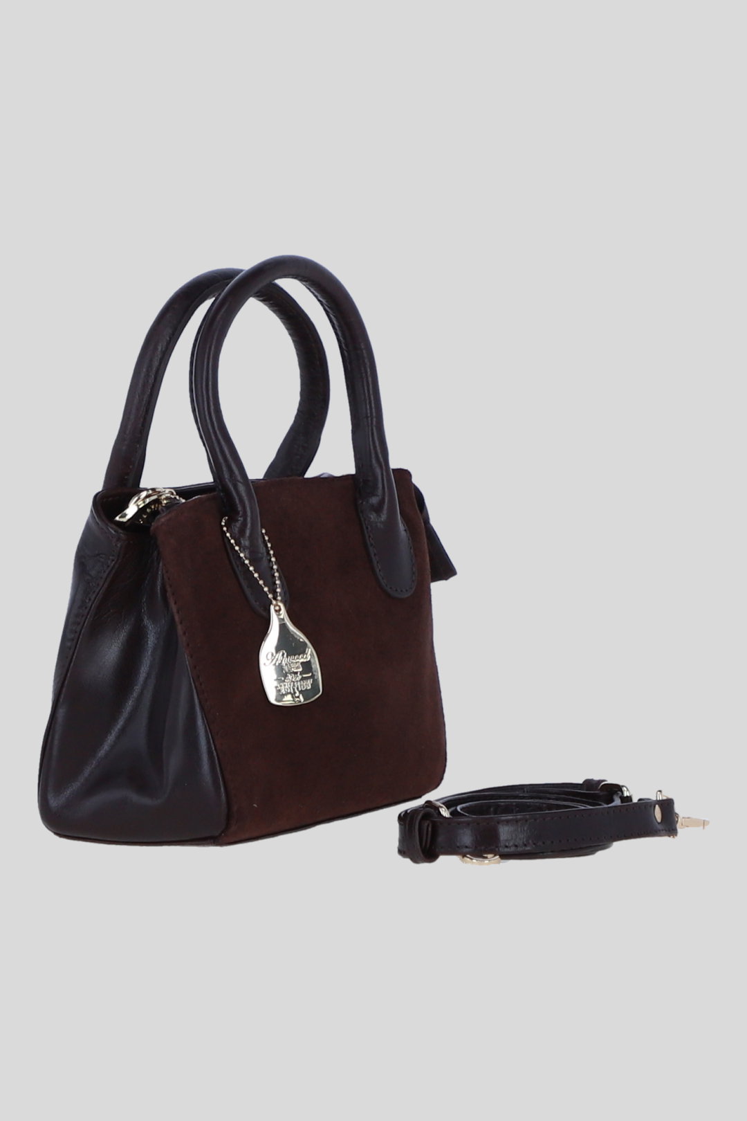 Brown Genuine Leather and Suede Handbag with Detachable Crossbody Strap, Image 4 of 4