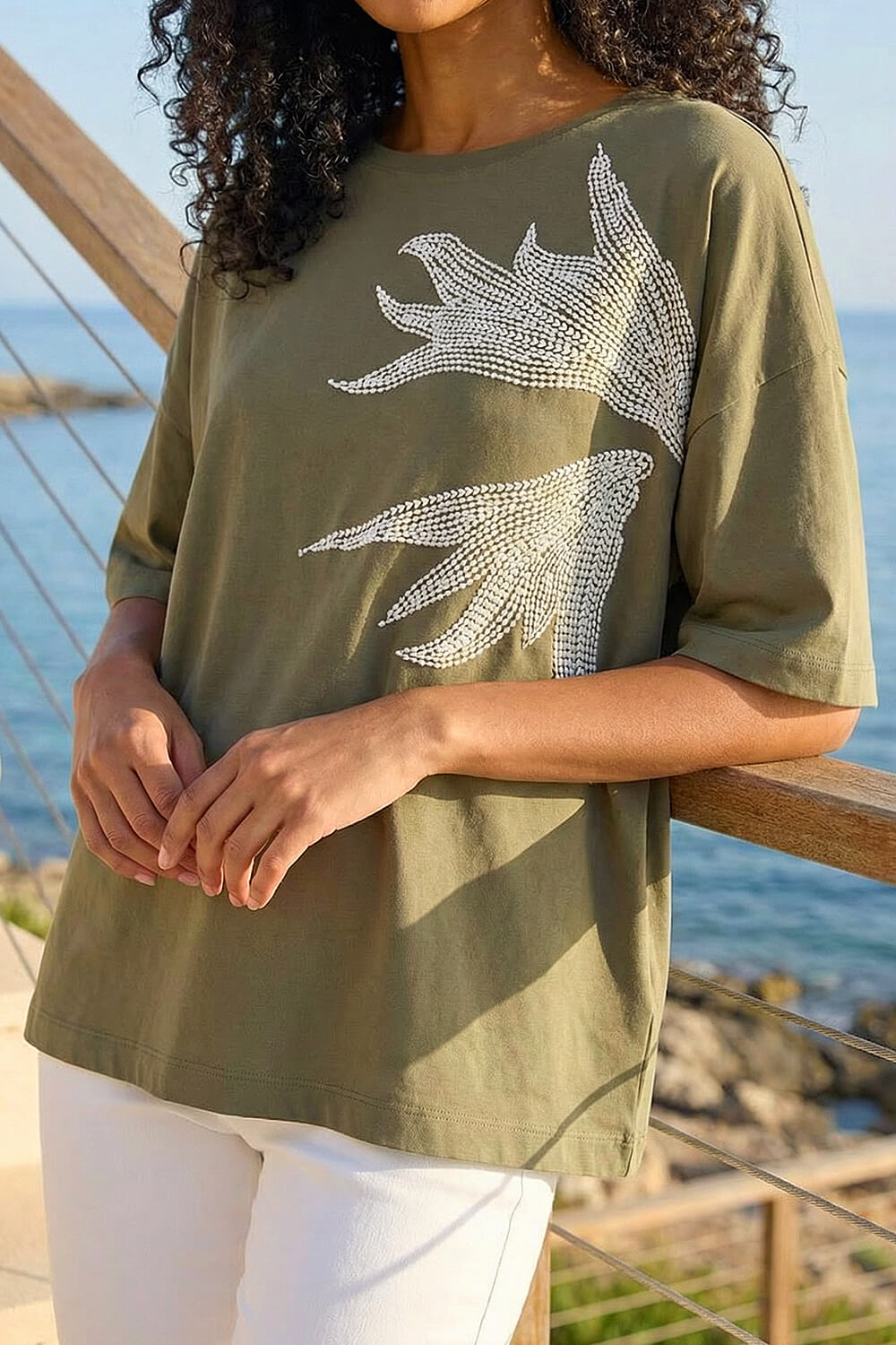 Khaki Oversized Embroidered T-Shirt, Image 3 of 4