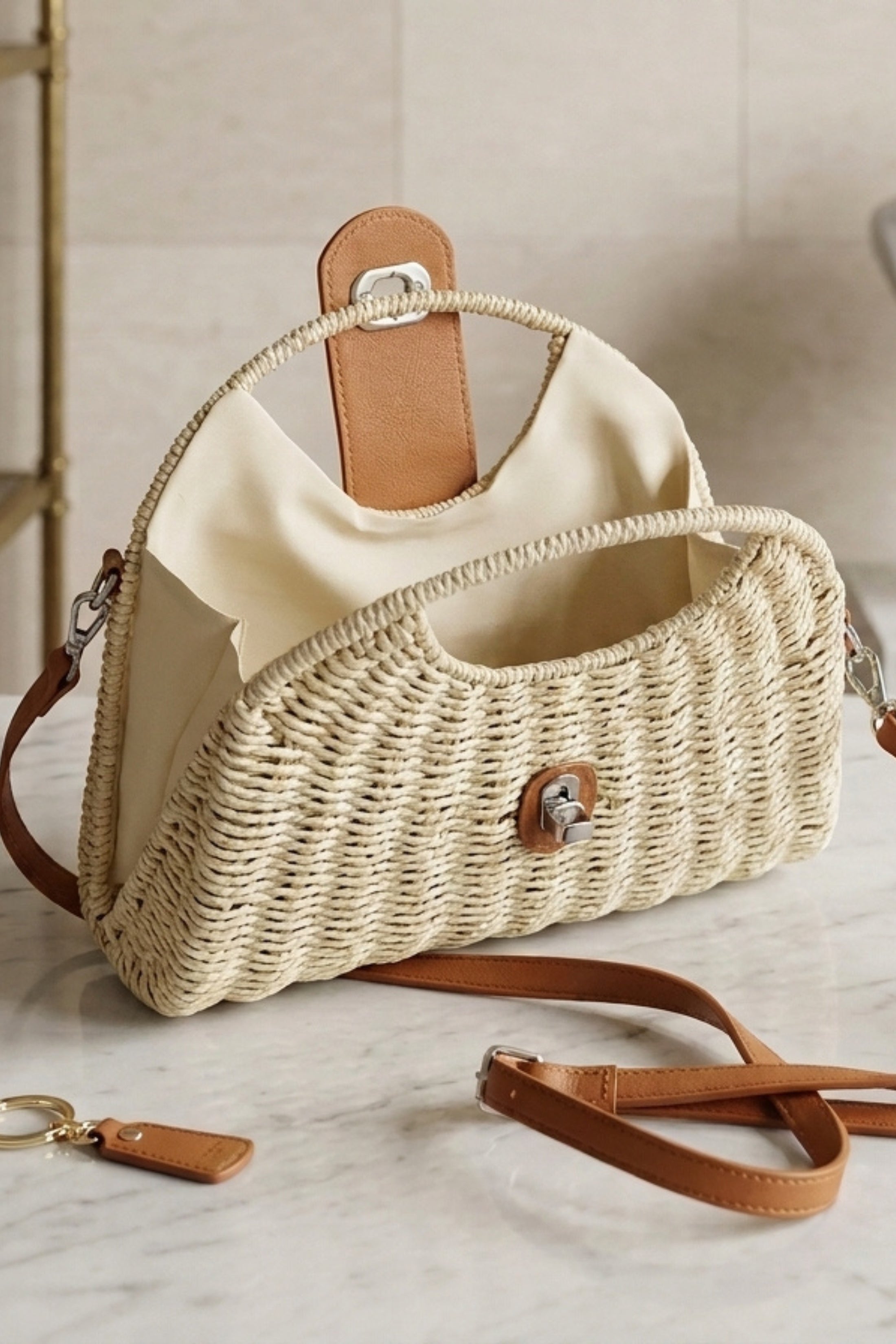 Beige Beige Woven Top Handle Handbag - Forest, Image 2 of 2