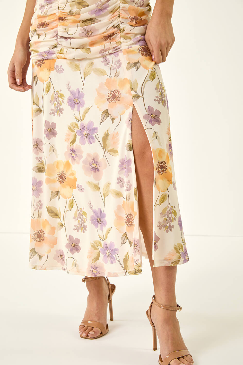 Ivory Petite Floral Ruched Stretch Midi Dress , Image 6 of 5
