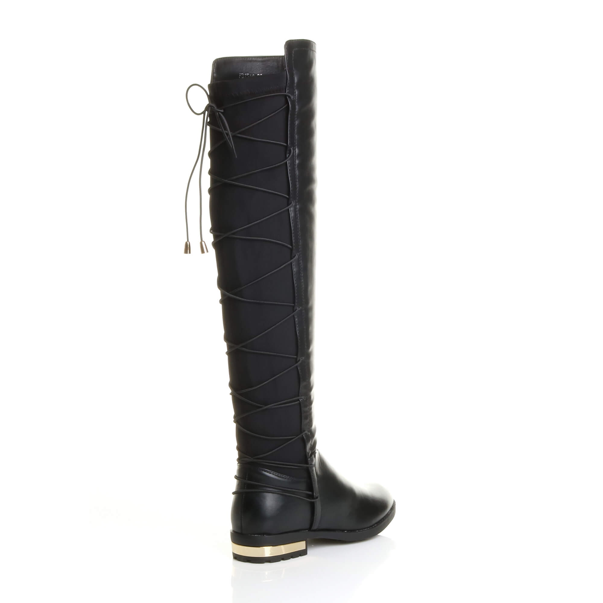Black AJVANI Black Elastic Tie Up Riding Knee High Boots, Image 4 of 6