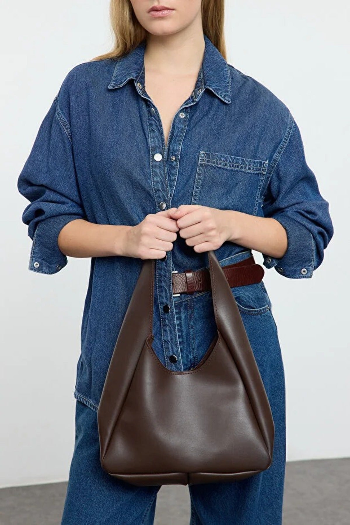 Dark Brown WOVCOR Dark Brown Oval Shoulder Bag With Matching Pouch, Image 2 of 3