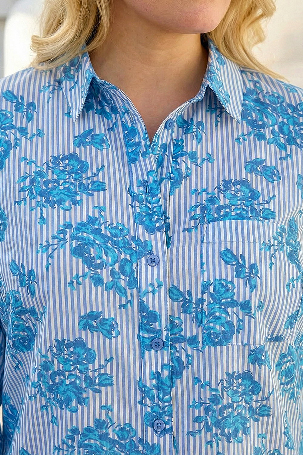 Blue Curve Stripe Floral Print Blouse , Image 5 of 4