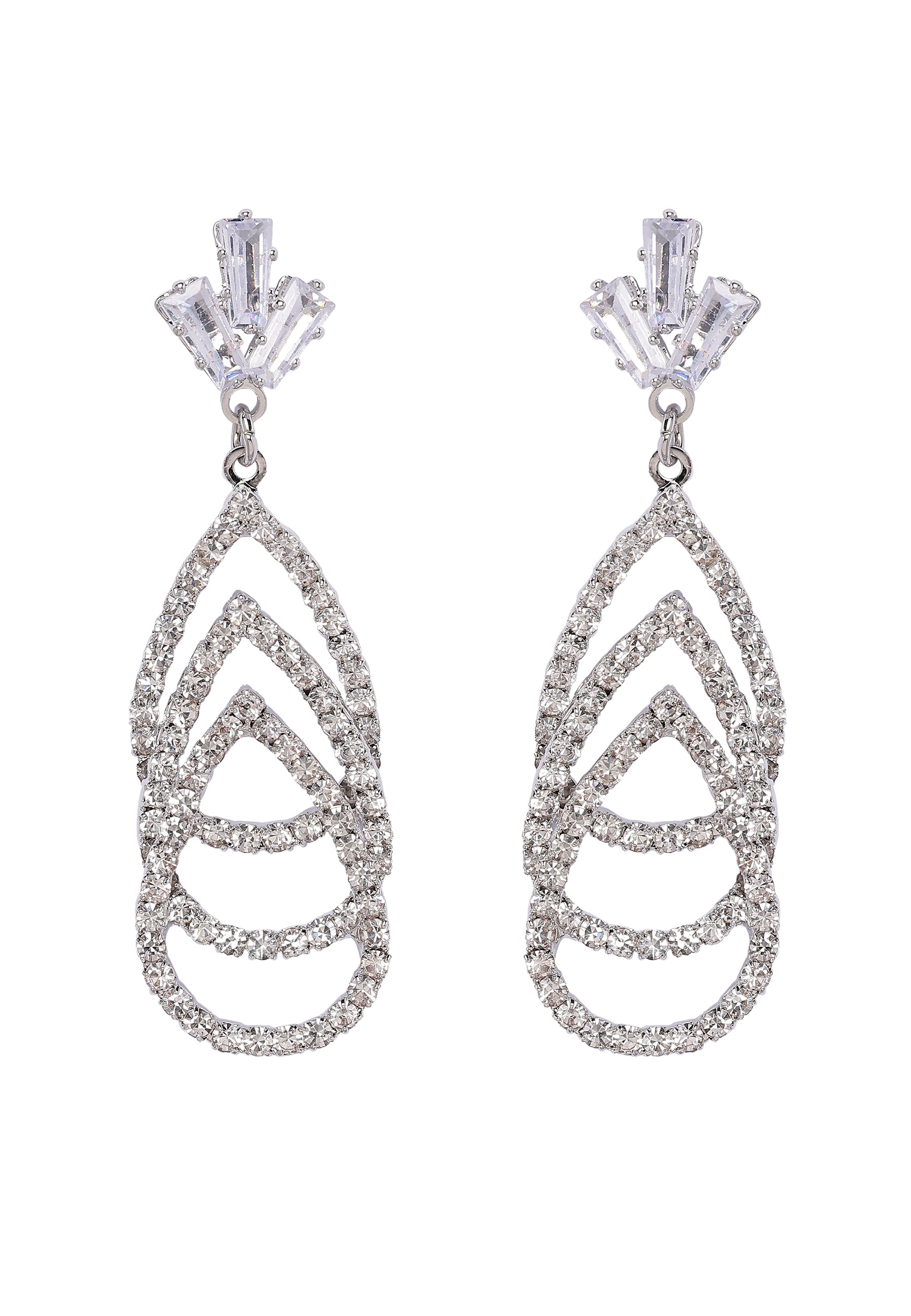 Metallic Gleaming Three-Tiered Diamond Drop Earrings