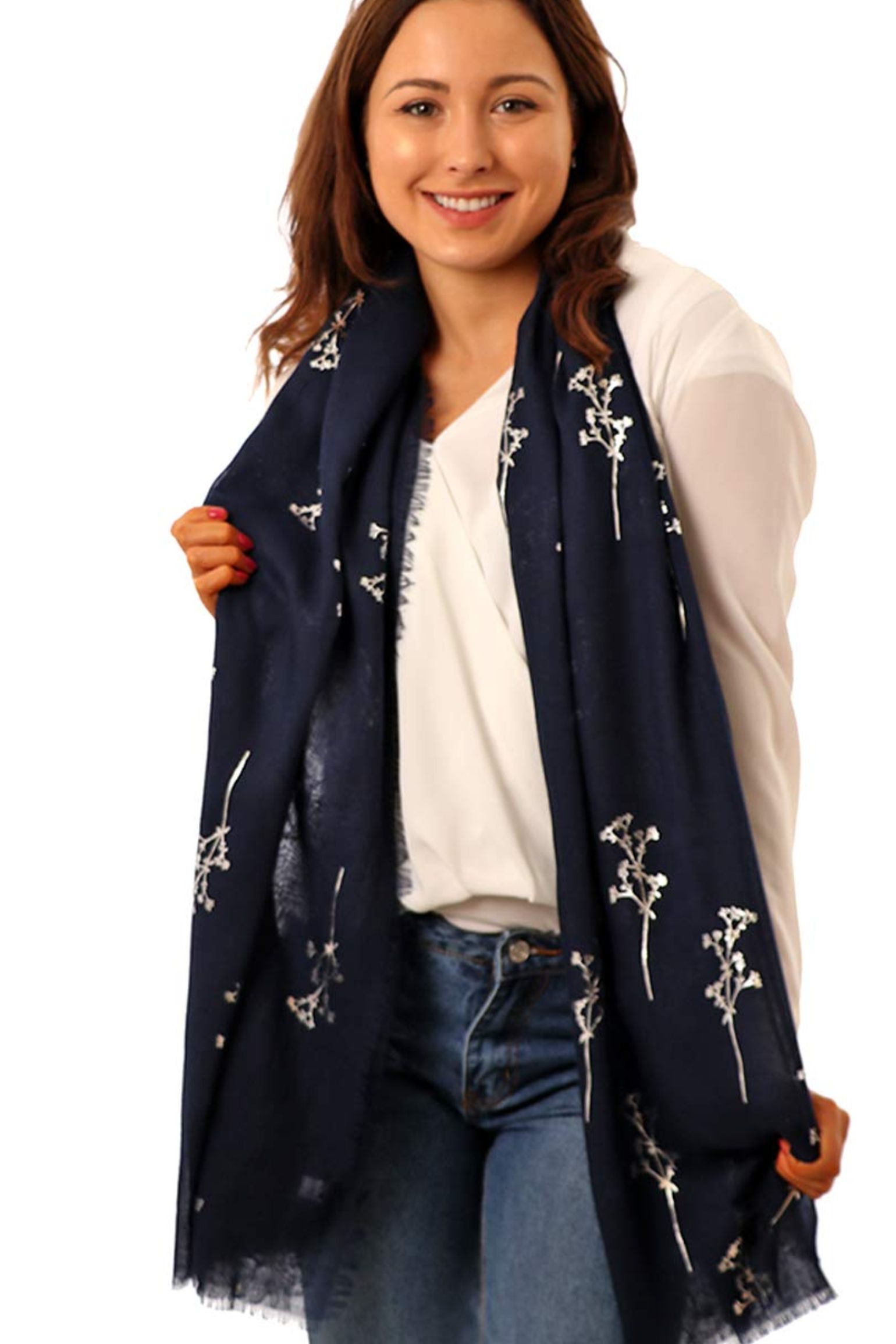 Navy Blue Silver Foil Floral Sprig Lightweight Scarf, Image 1 of 3