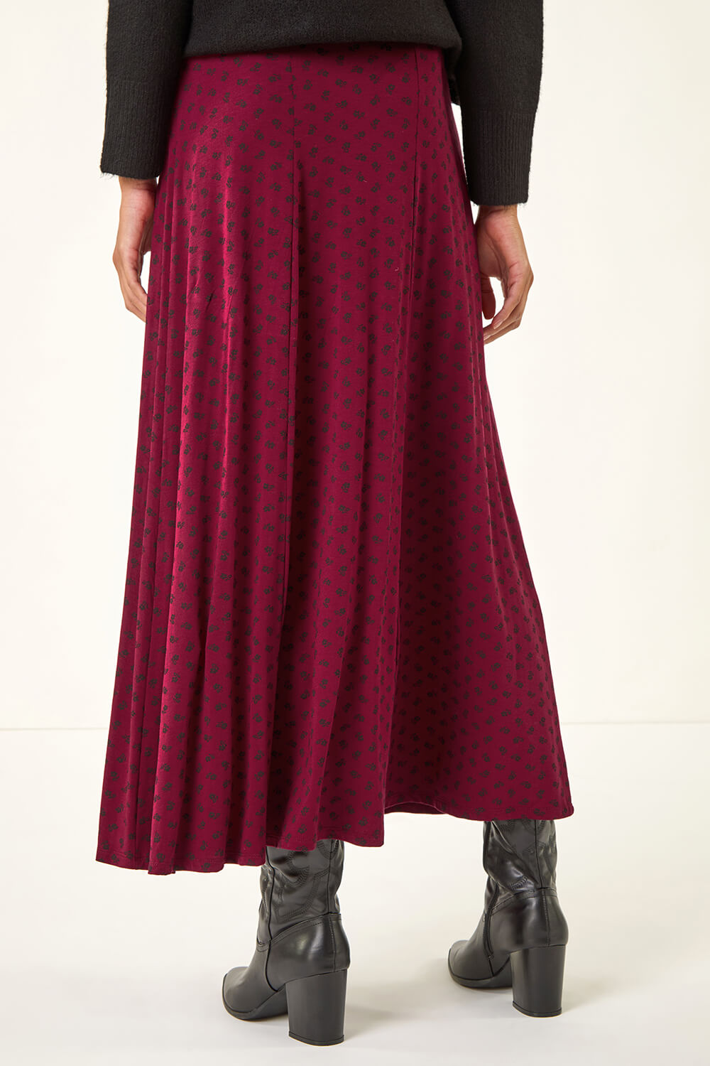 Burgundy Ditsy Floral Print Stretch Midi Skirt, Image 5 of 7