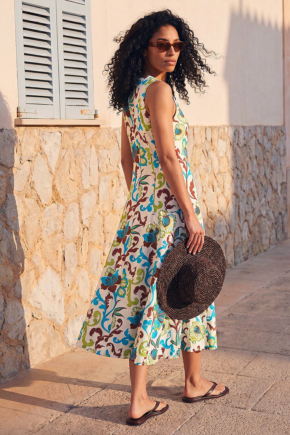 Turquoise Floral Pleated A-Line Midi Dress, Image 4 of 4