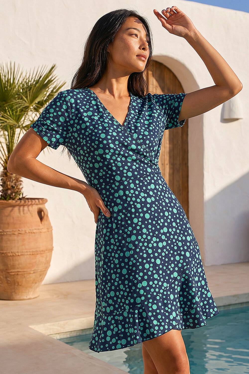 Navy Petite Polka Dot Frill Hem Dress, Image 1 of 4