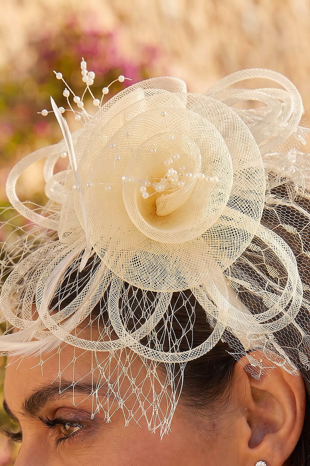 Ivory  Two Flower Mesh Fascinator, Image 5 of 4