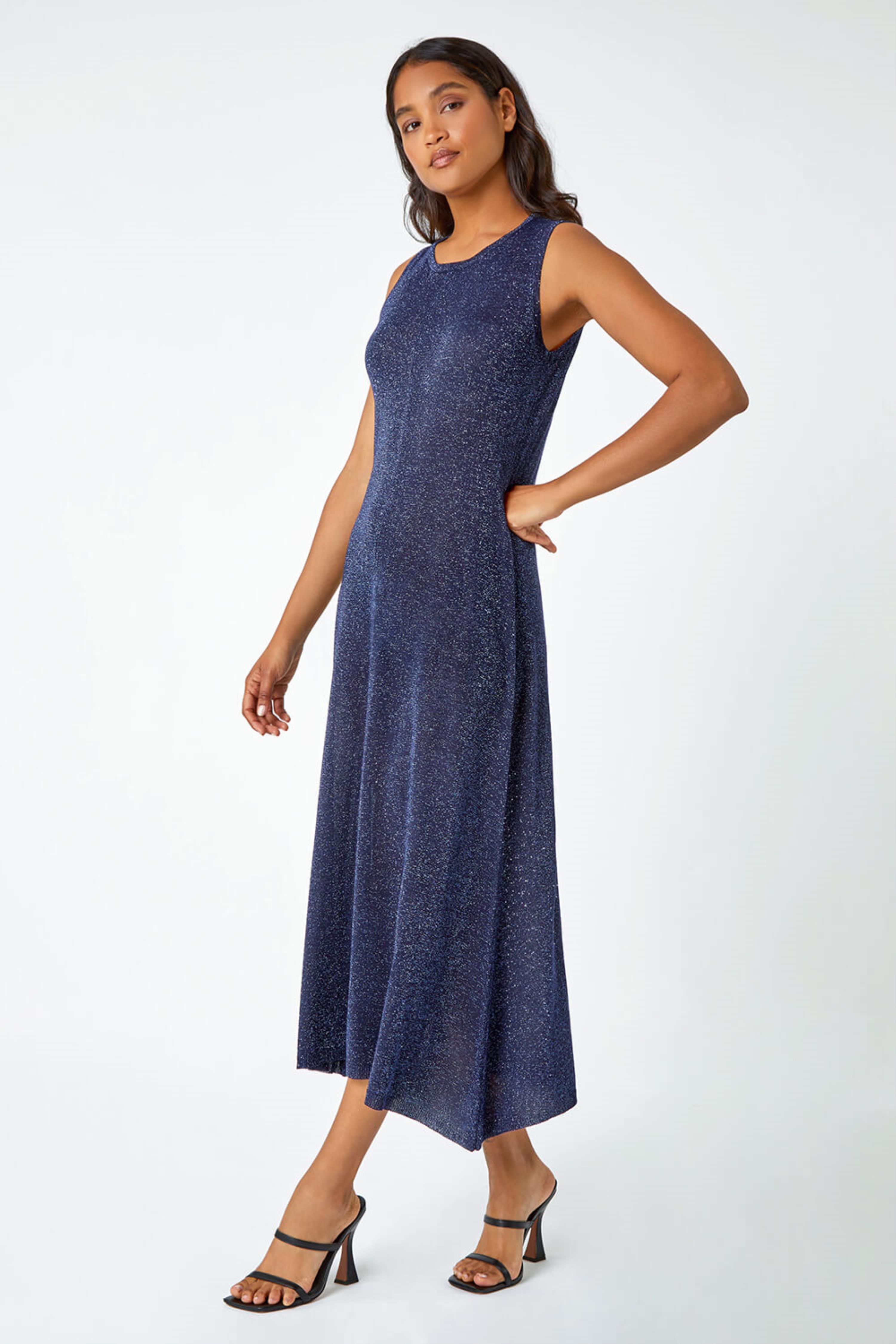 Navy Sleeveless Sparkle Knitted Midi Dress, Image 3 of 5