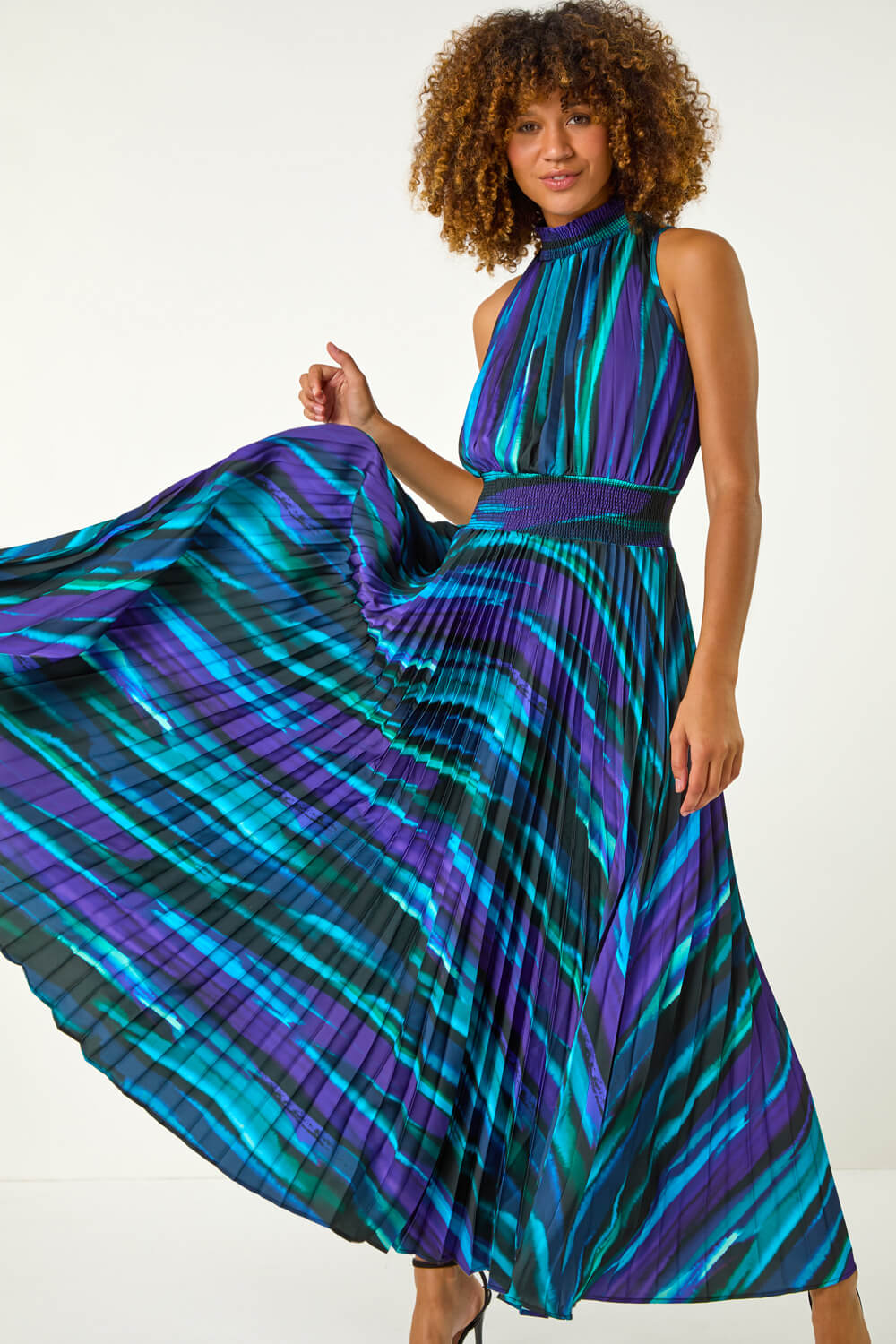 Purple Printed Halter Neck Pleat Shirred Midi Dress, Image 5 of 5
