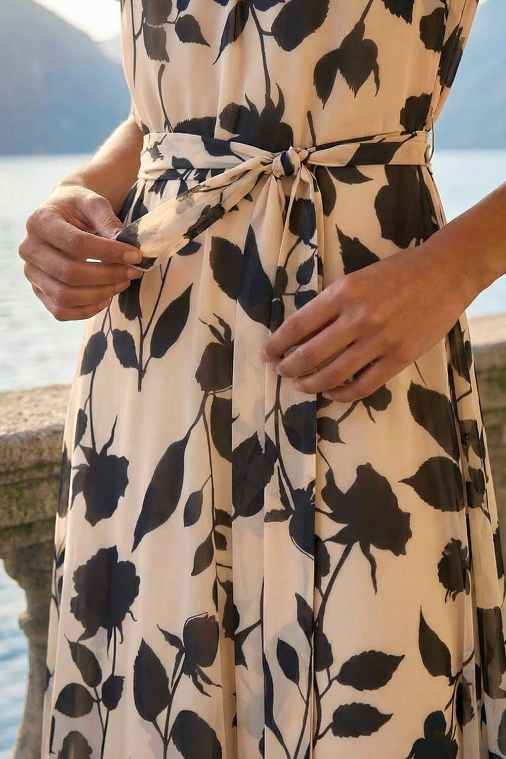 Cream  Floral Print Pleat Neck Midi Dress, Image 5 of 4