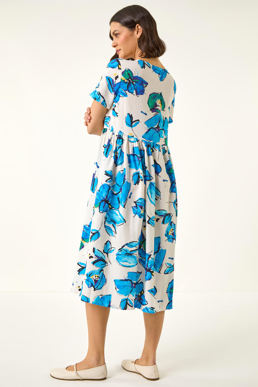 Blue Floral Smock Midi Dress, Image 4 of 5