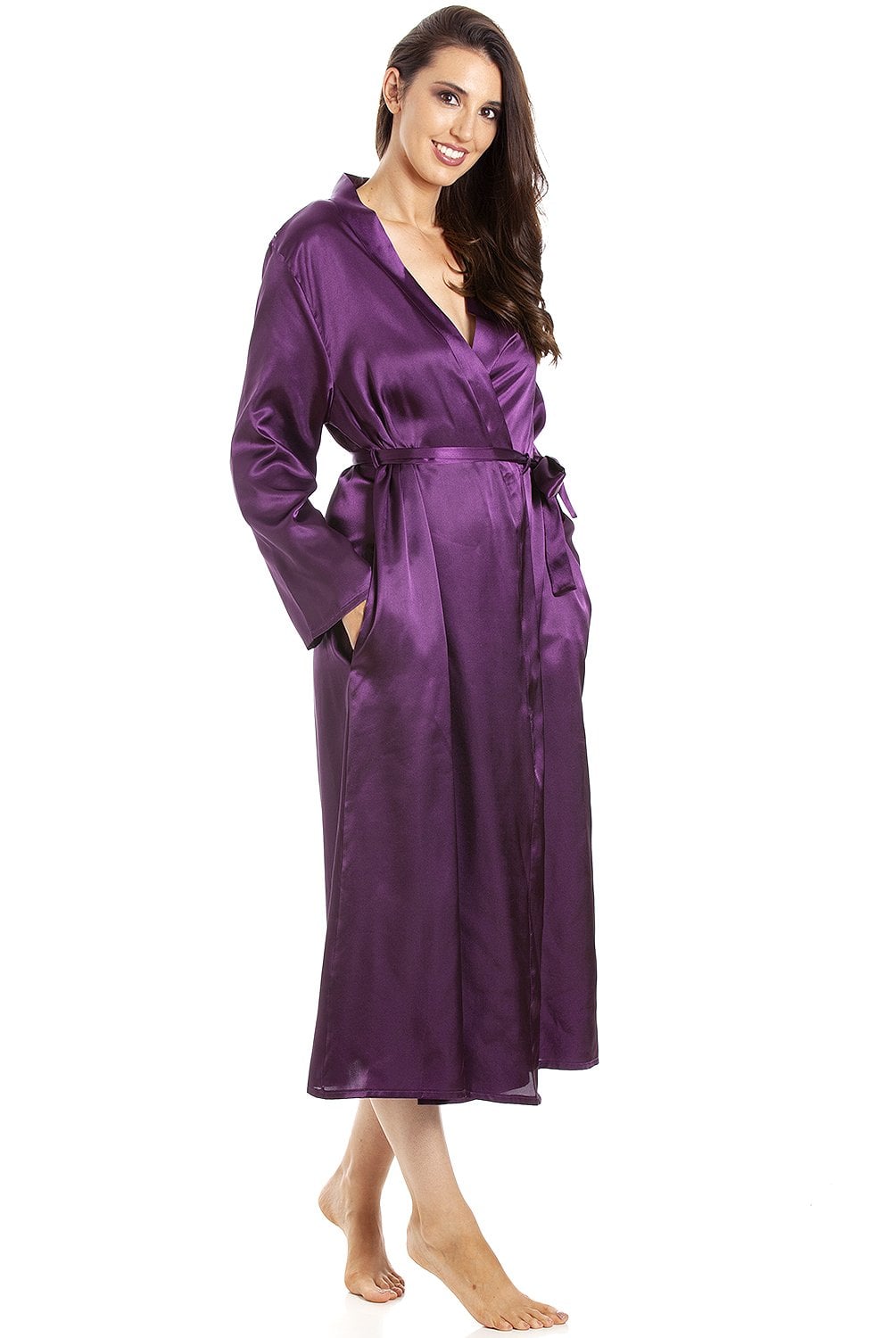Purple Camille Lingerie Purple Full Length Long Sleeve Plain Satin Wrap, Image 2 of 5