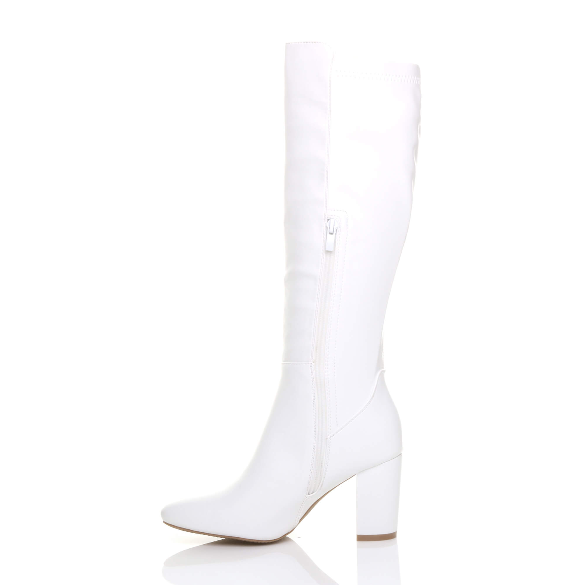 White High Block Heel Stretchy Calf Boots, Image 3 of 5
