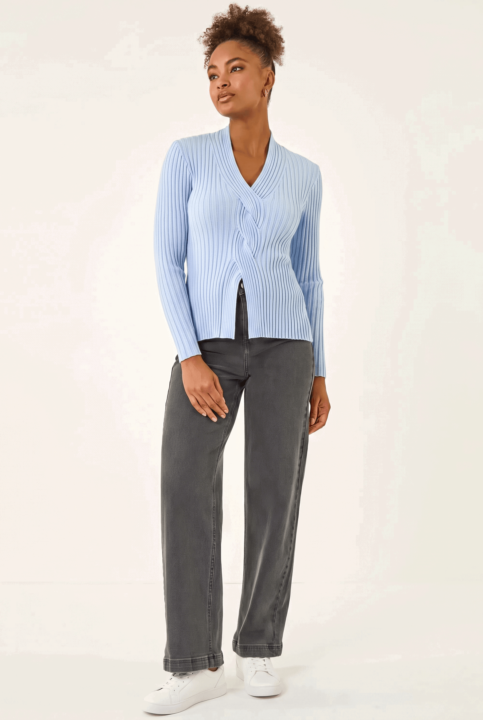 Light Blue Cable Split Detail Rib Jumper, Image 3 of 5