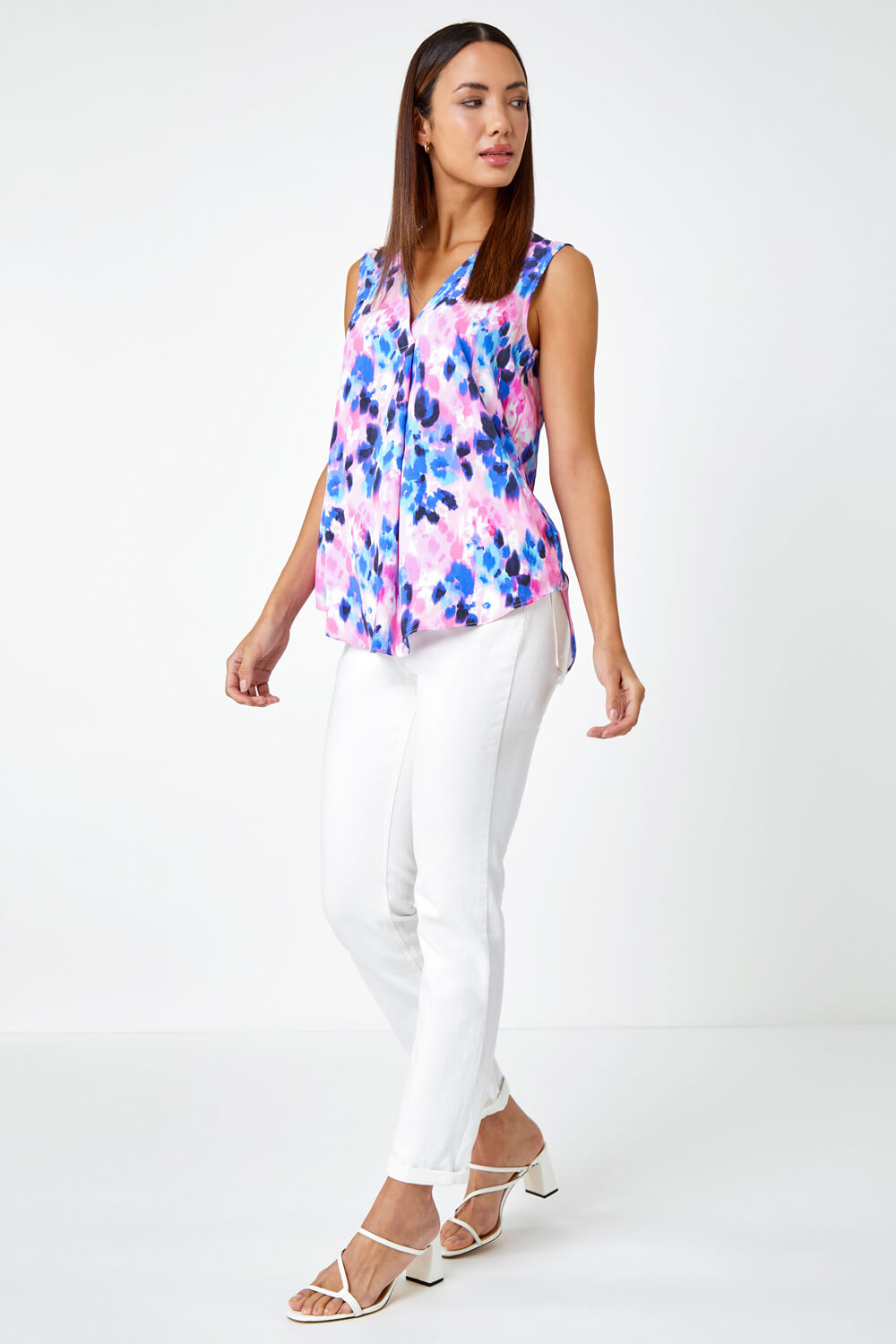 Pink Sleeveless V-Neck Floral Pleat Front Top, Image 5 of 5