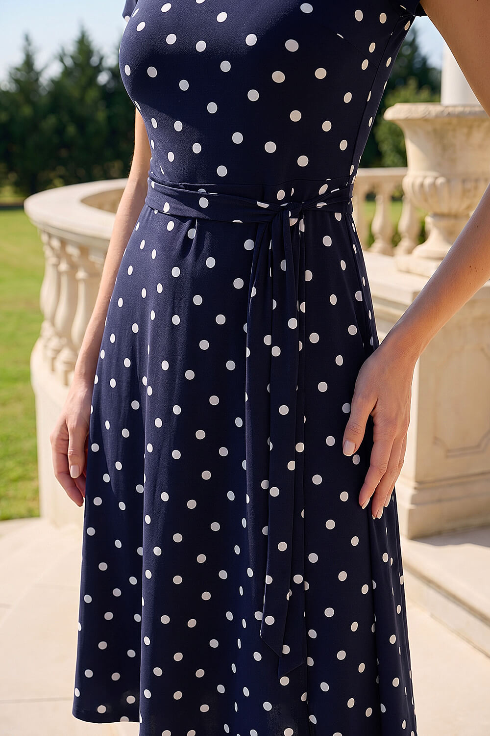 Navy Spot Print Jersey Stretch Dress, Image 5 of 4