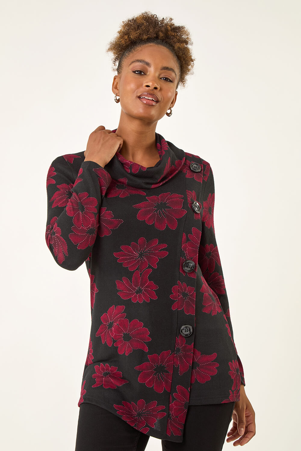Red Cowl Neck Buttoned Top, Image 1 of 5