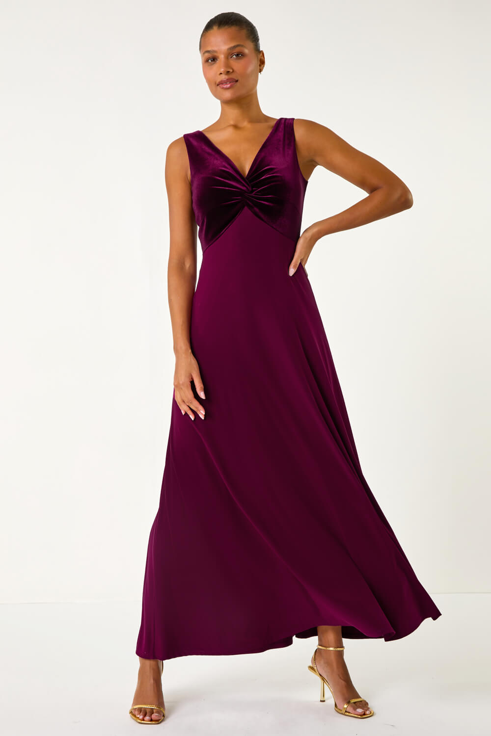 Wine Velvet Twist Front Maxi Stretch Dress, Image 3 of 5