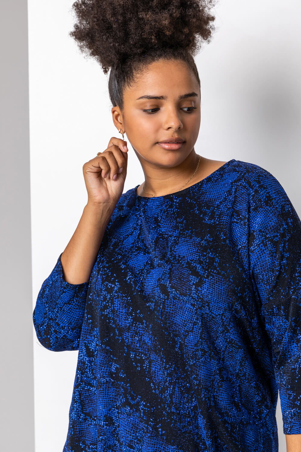 Royal Blue Curve Batwing Sparkle Snake Print Top, Image 5 of 4
