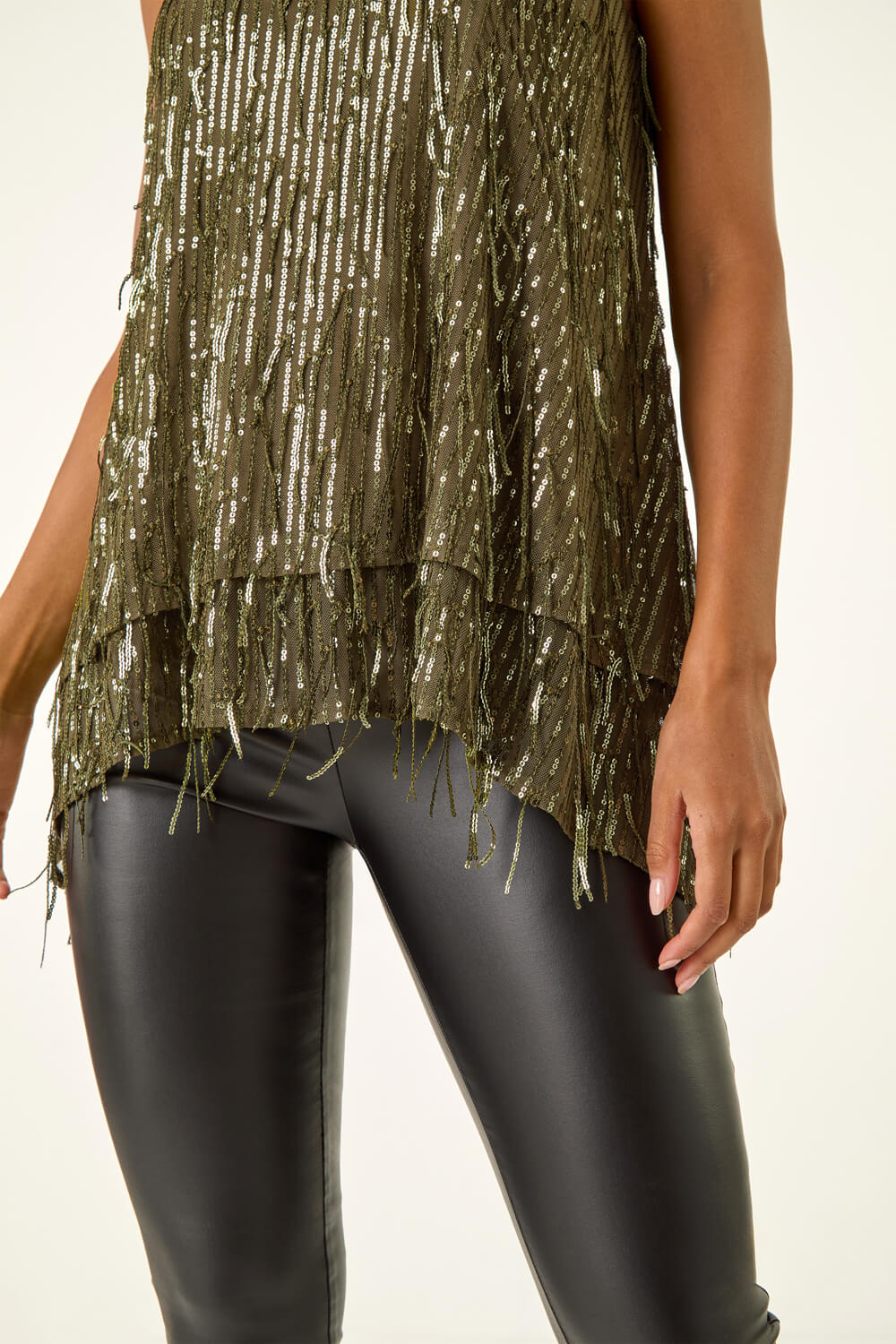 Khaki Tassel Sequin Chiffon Top, Image 7 of 6