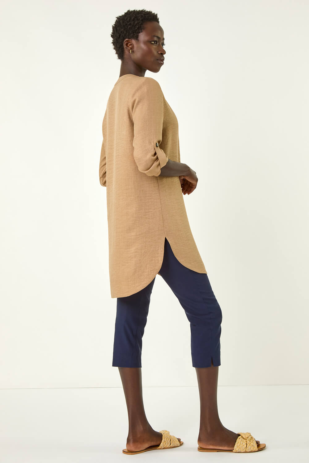 Camel  Horn Button Detail Longline Top, Image 4 of 5