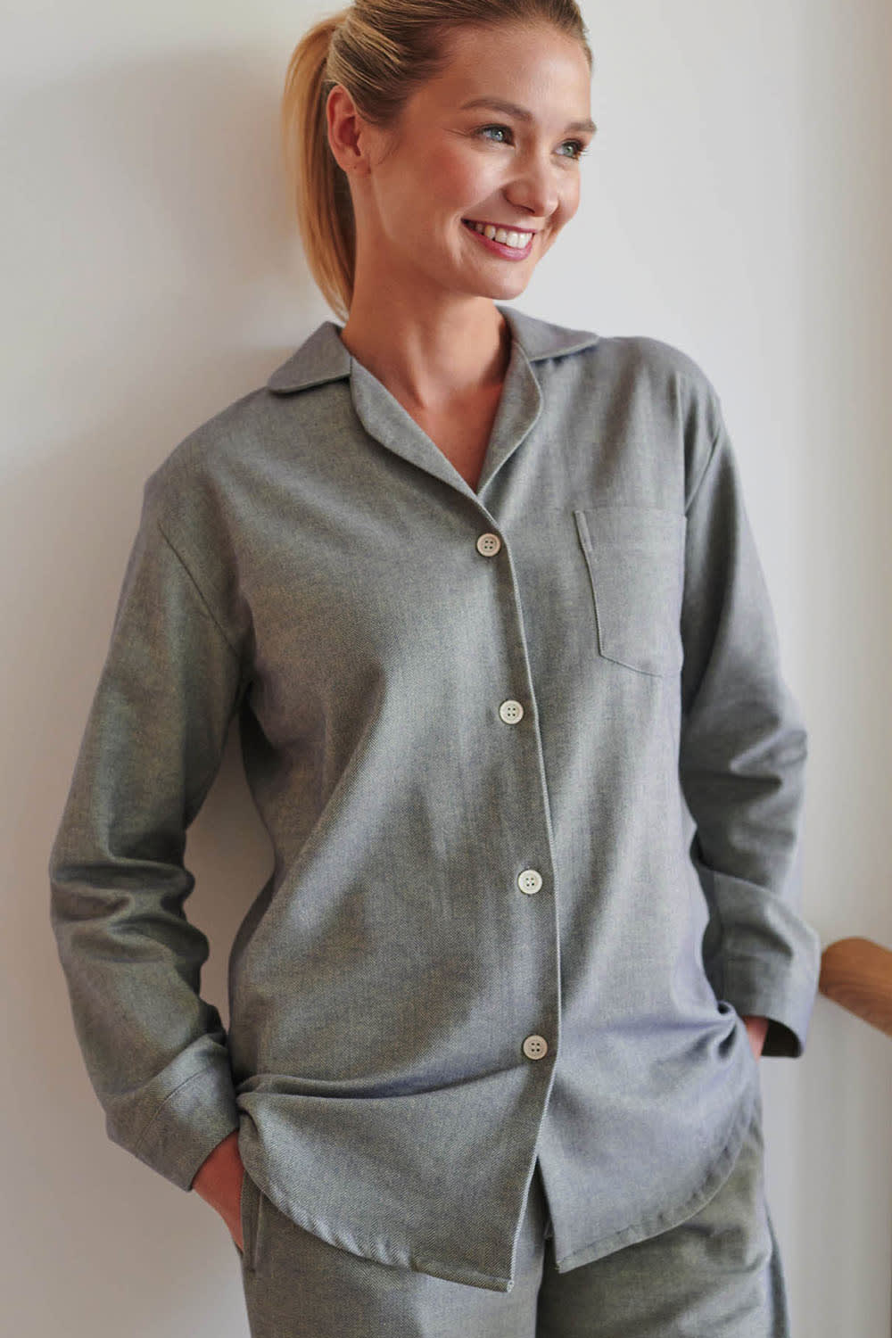 Pale Green "Orkney" Herringbone Brushed Cotton Pyjama Set, Image 2 of 2