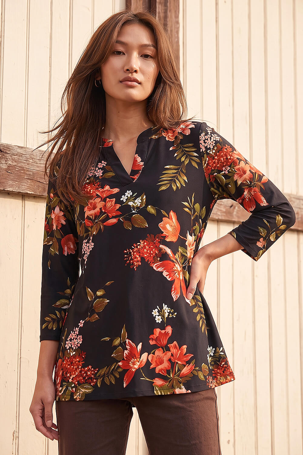 Roman Women's Red Floral Print Pocket Front Tunic Top Size 18