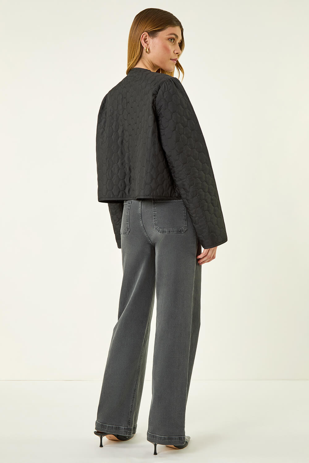 Black Quilted Velvet Trim Jacket, Image 5 of 7