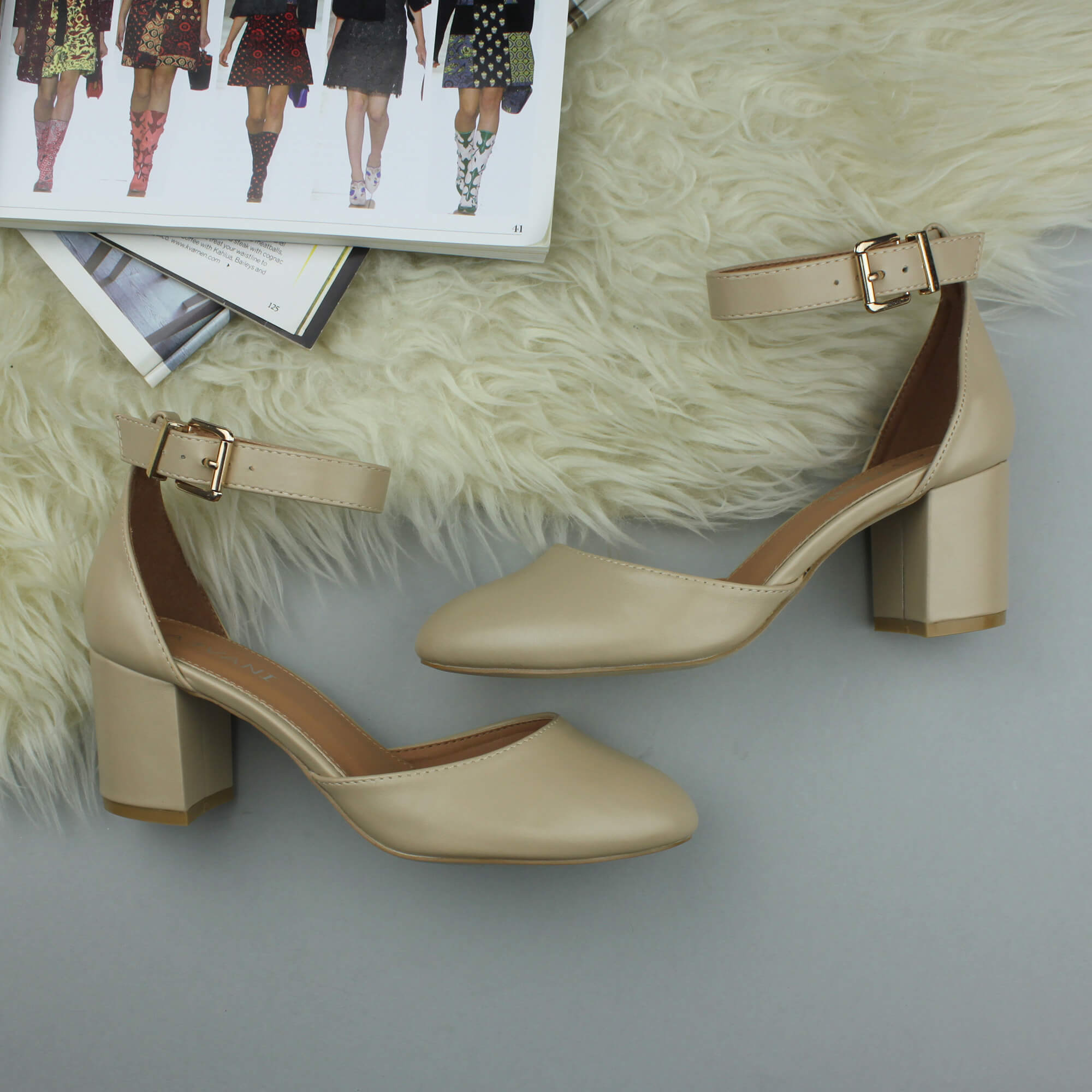 Natural AJVANI Natural Mid Block Heel Ankle Strap 2 Part Heels, Image 4 of 6