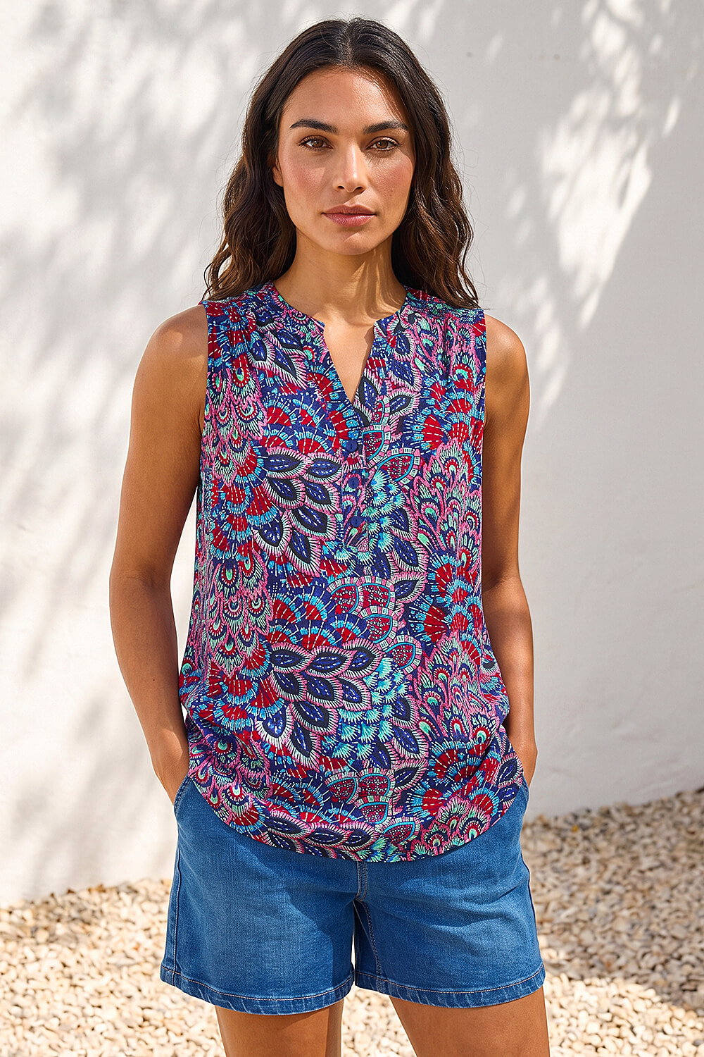 Blue Abstract Print Stretch Vest Top, Image 4 of 4