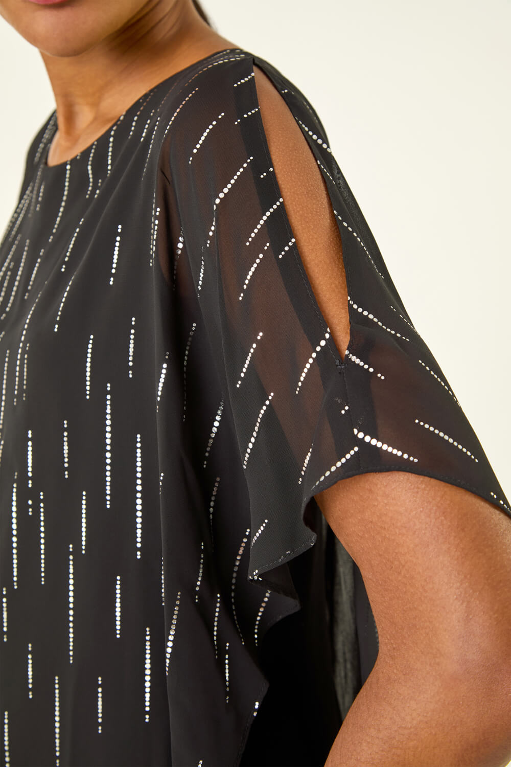 Black Foil Dot Overlay Asymmetric Top, Image 6 of 5