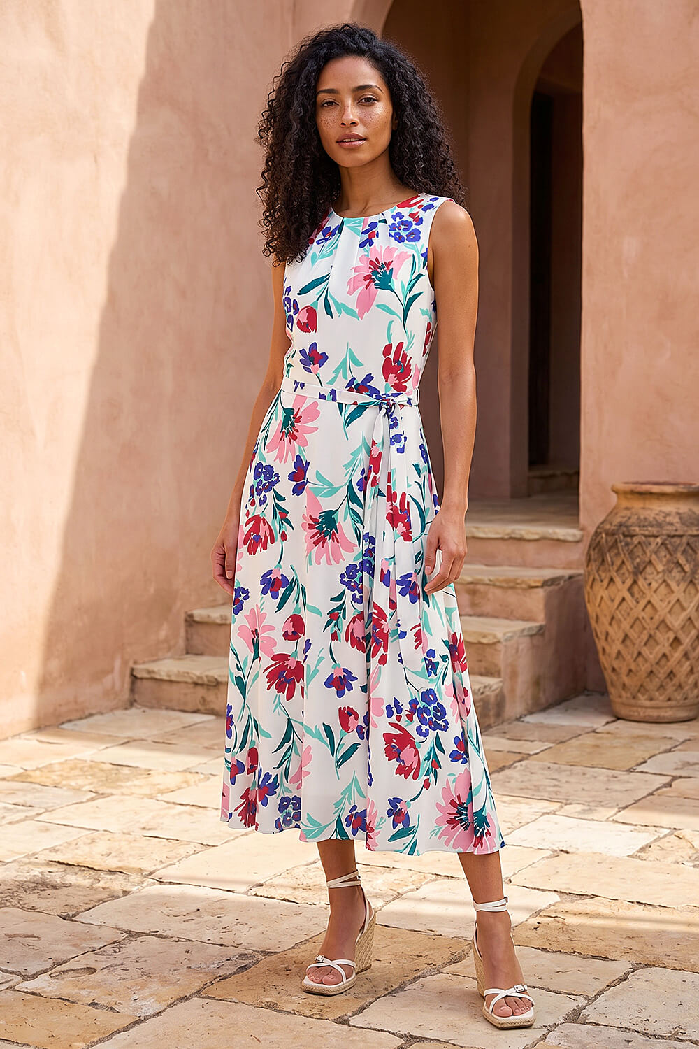 Roman Women's Ivory Pleat Neck Floral Midi Dress Size 20