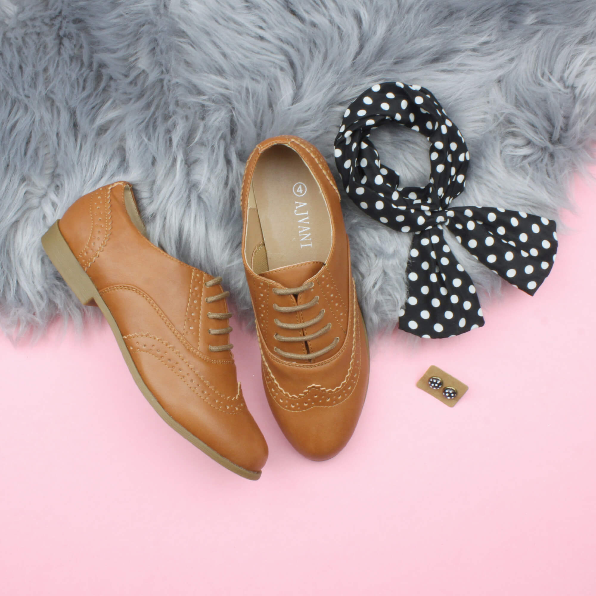 Tan AJVANI Tan Flat Lace Up Oxfords Brogues, Image 4 of 6