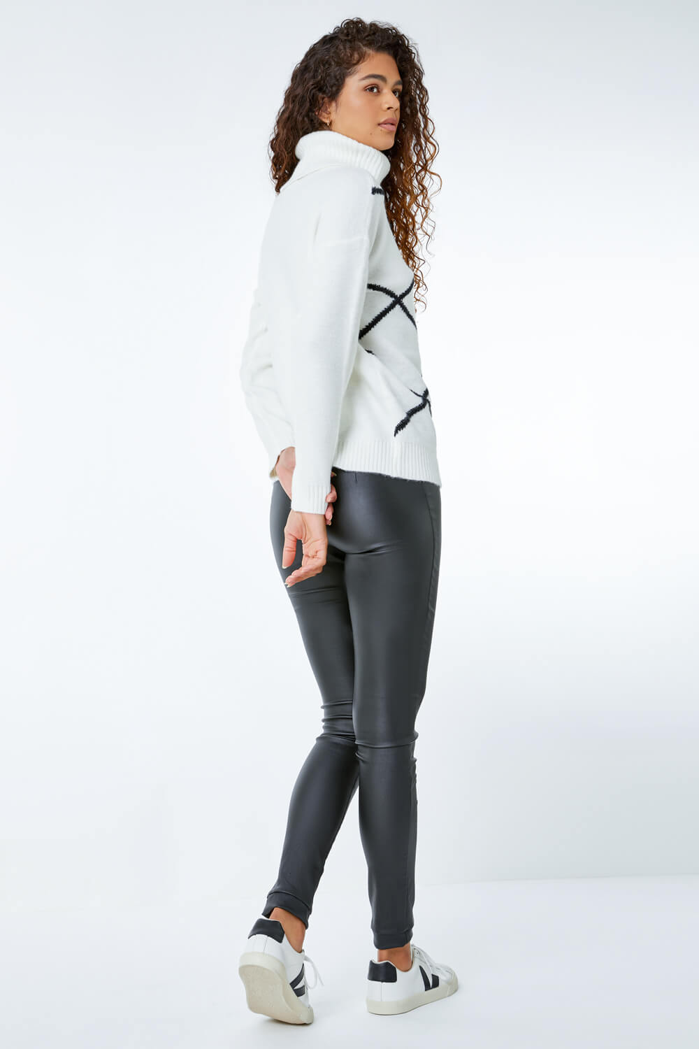 Ivory Check Print Roll Neck Jumper, Image 4 of 5