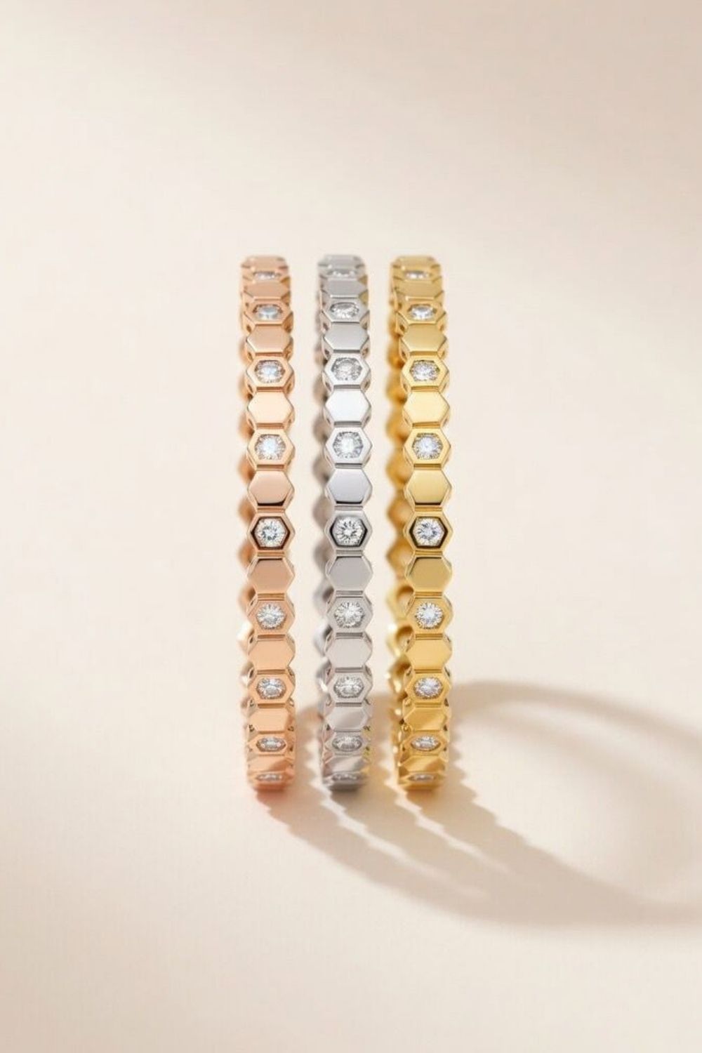 Rose Gold Slim Honeycomb Hexagonal Zircon Elegant Cutting Grain Bangle Bracelet, Image 1 of 1