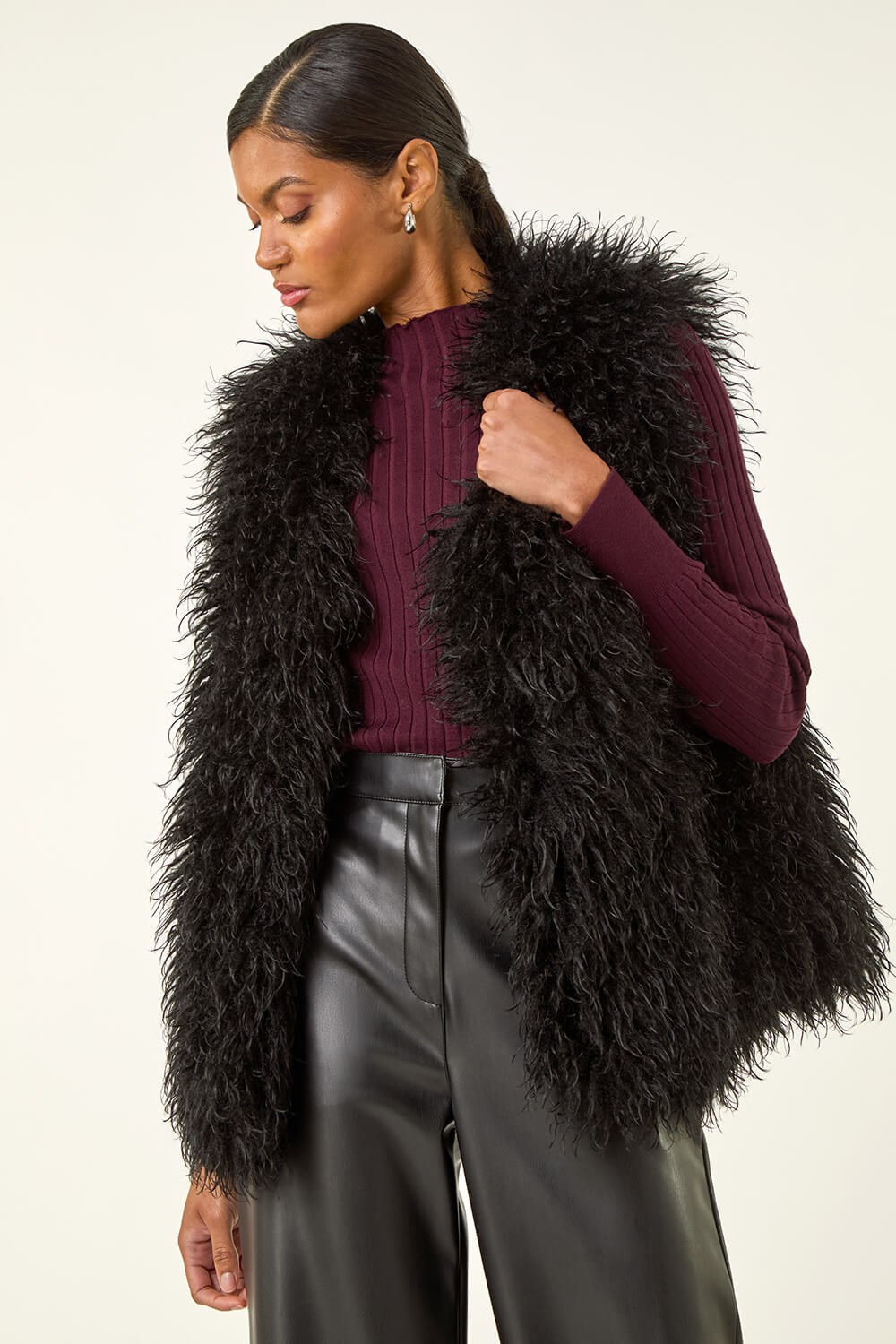 Black Longline Faux Fur Gilet, Image 5 of 5