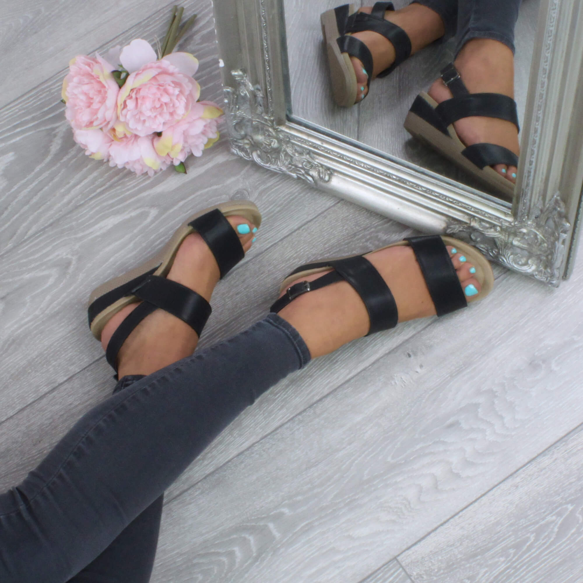 Black AJVANI Black Mid Wedge Heel Strappy Slingback Sandals, Image 5 of 6