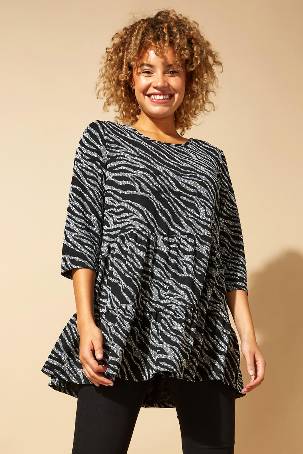 Black Animal Print Tiered Top, Image 1 of 4