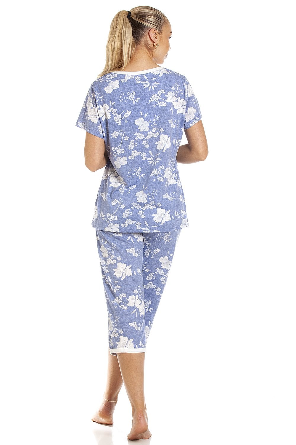 Light Blue Camille Lingerie Light Blue Lightweight Floral Capri Pyjama Set, Image 4 of 5
