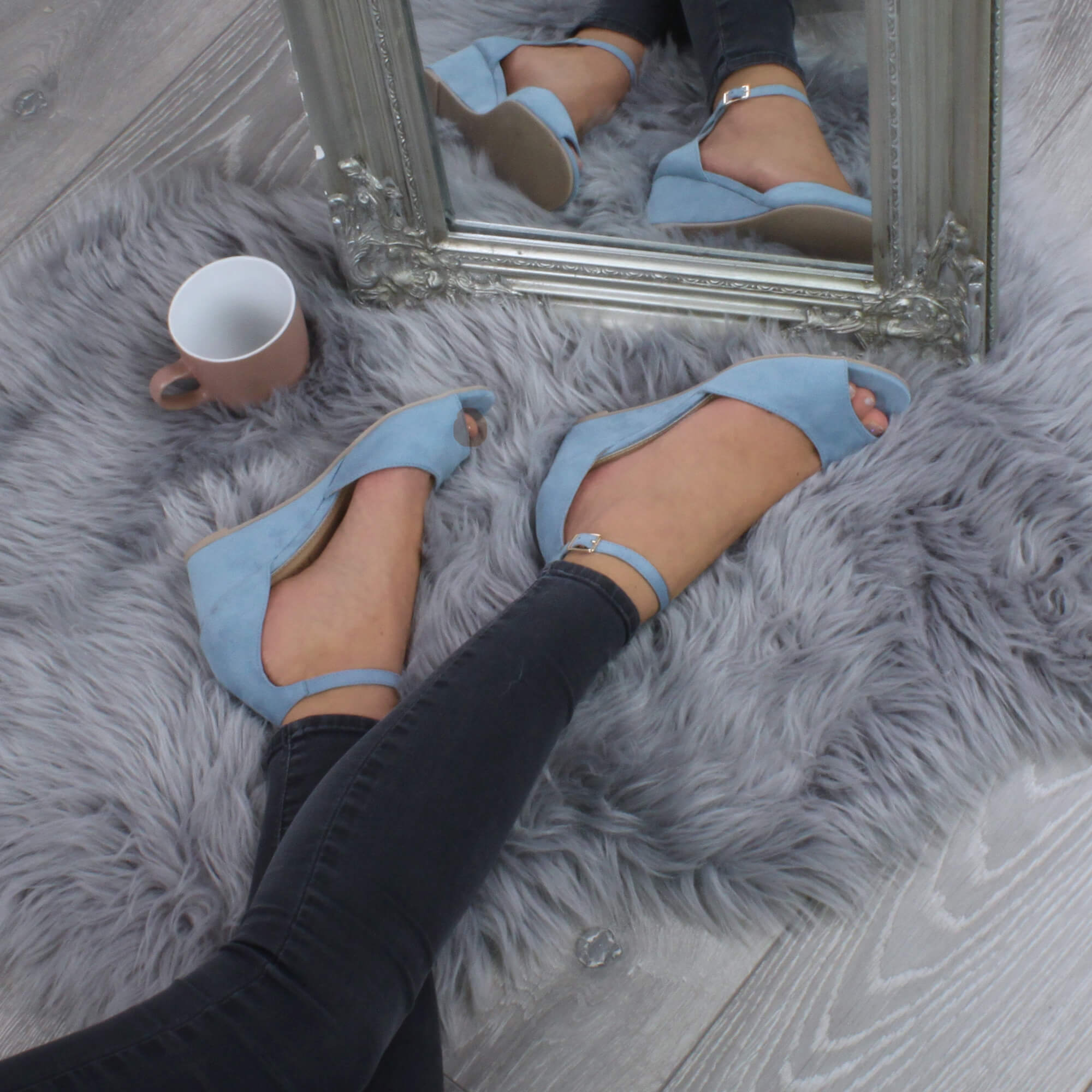 Light Blue AJVANI Light Blue Mid Wedge Heel Ankle Strap Sandals, Image 5 of 6