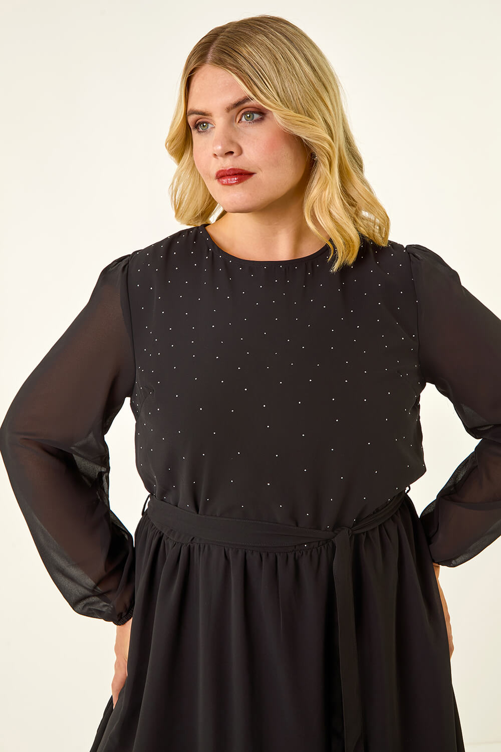 Black Curve Hotfix Tie Waist Dress, Image 5 of 5